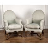 Pair of Howard and Sons chairs circa 1925, in the William and Mary style, with parcel gilt-shaped