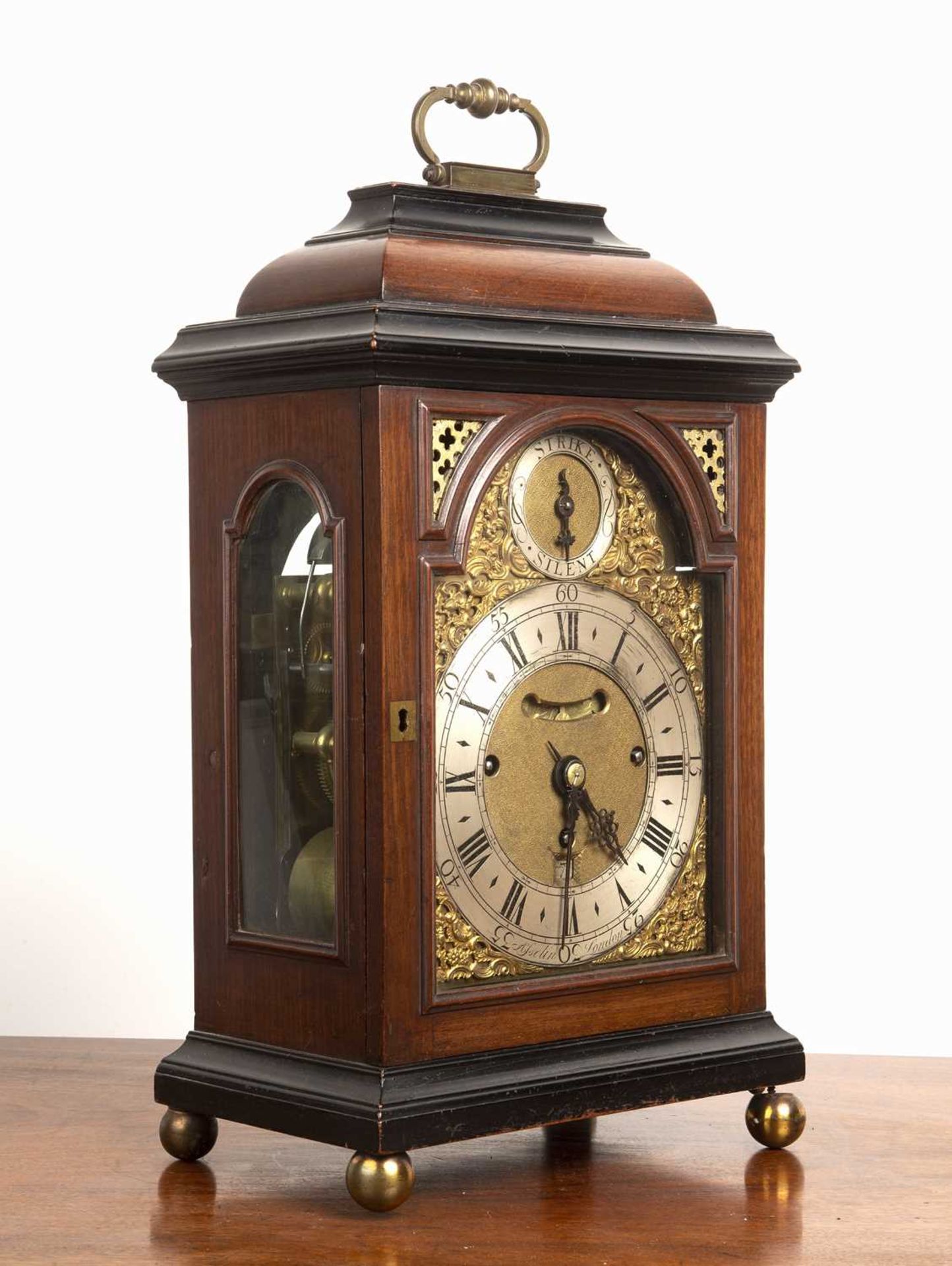 Parcel ebonised and mahogany bracket or table clock, 18th Century, the break arch brass dial with - Image 5 of 5