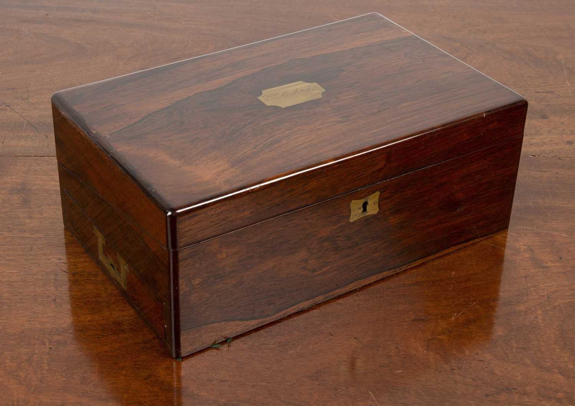 Rosewood writing slope 19th Century, with fitted interior and glass inkwells, with brass campaign