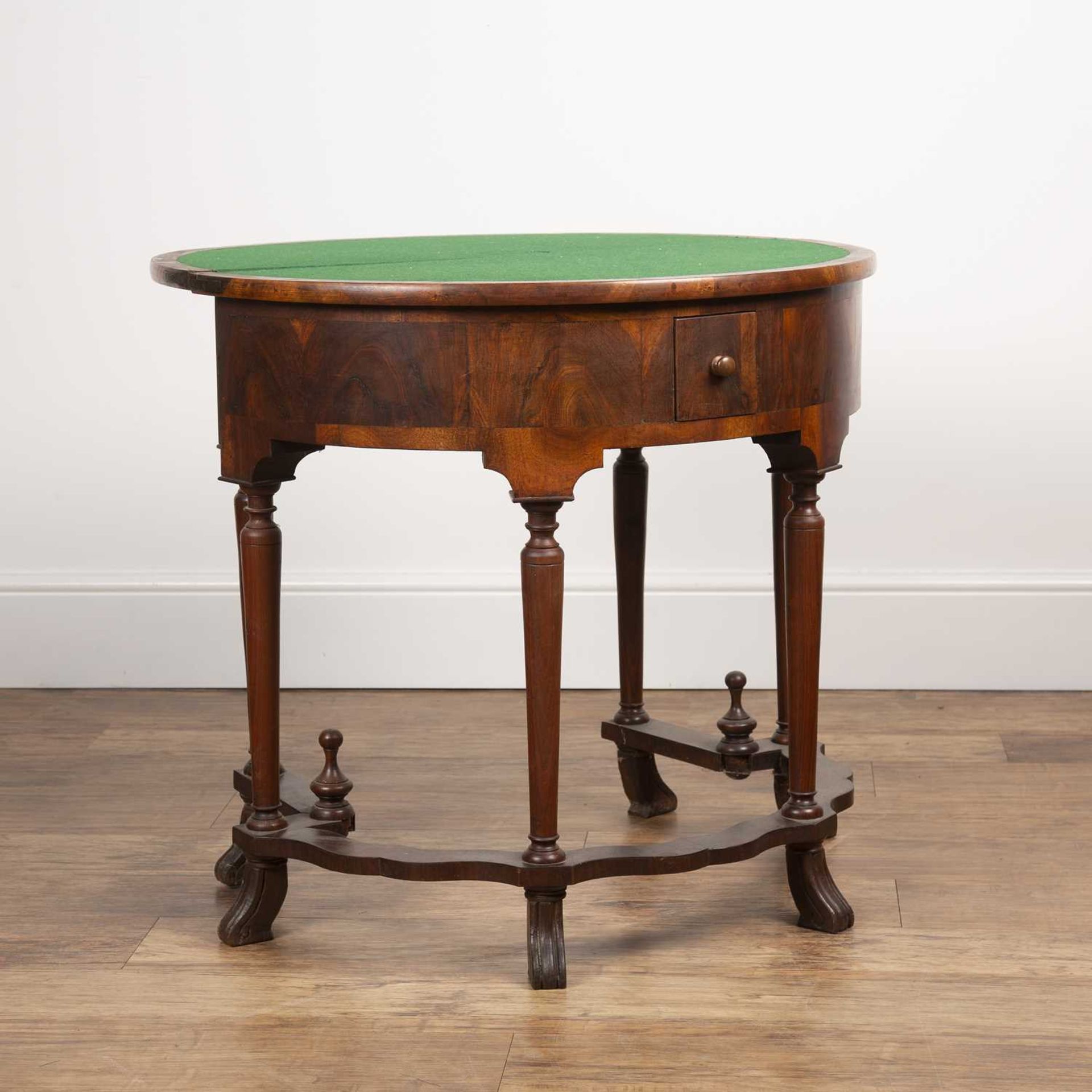 Quarter veneered walnut demi-lune card table Queen Anne style with inset baize on turned support and - Image 2 of 6