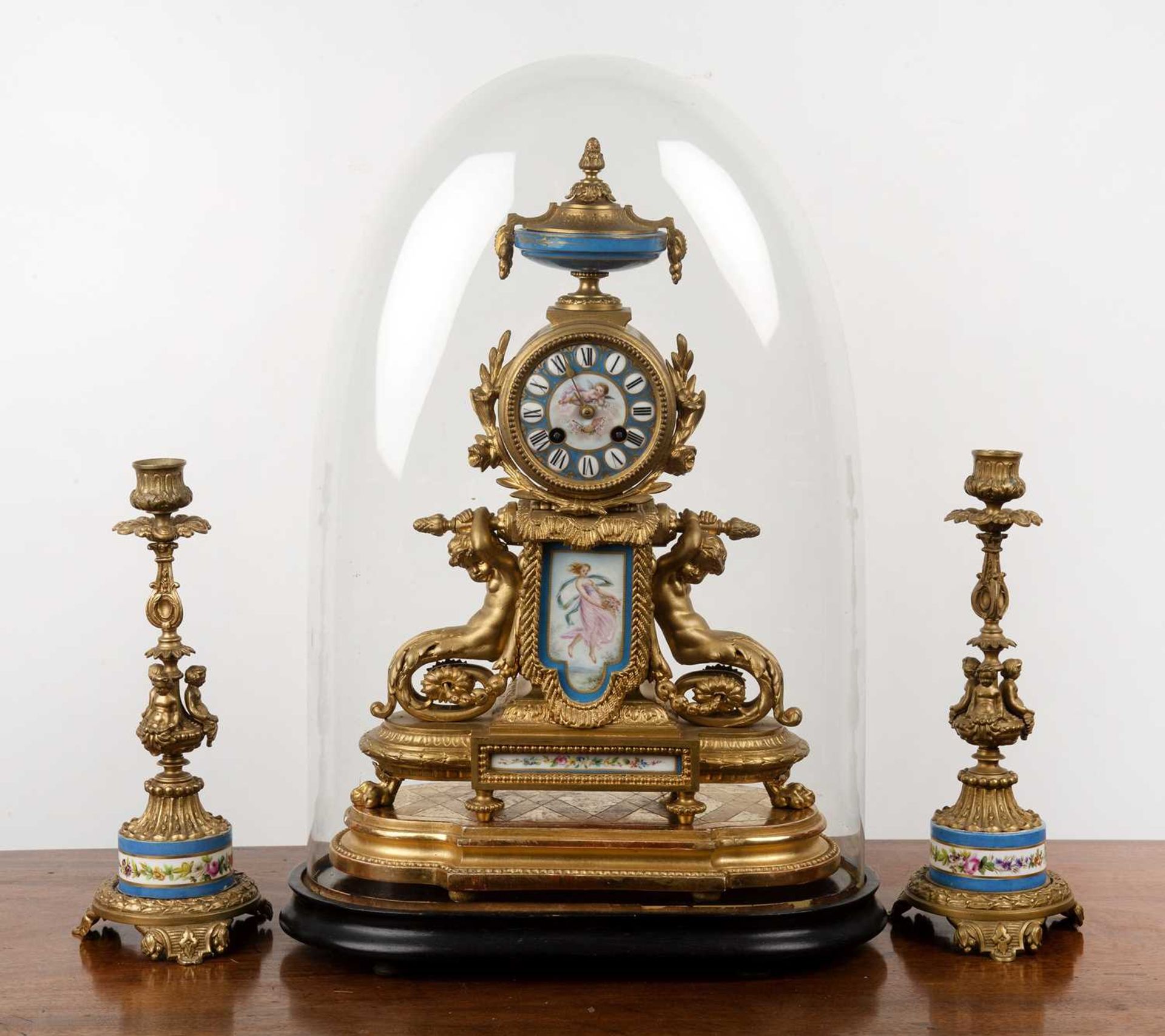 Phillipe H Mourey (P.H. Mourey) three piece clock garniture set French, 19th Century, gilt metal