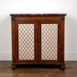 Mahogany and marble top side cabinet 19th Century, with enclosed brass grille doors and carved