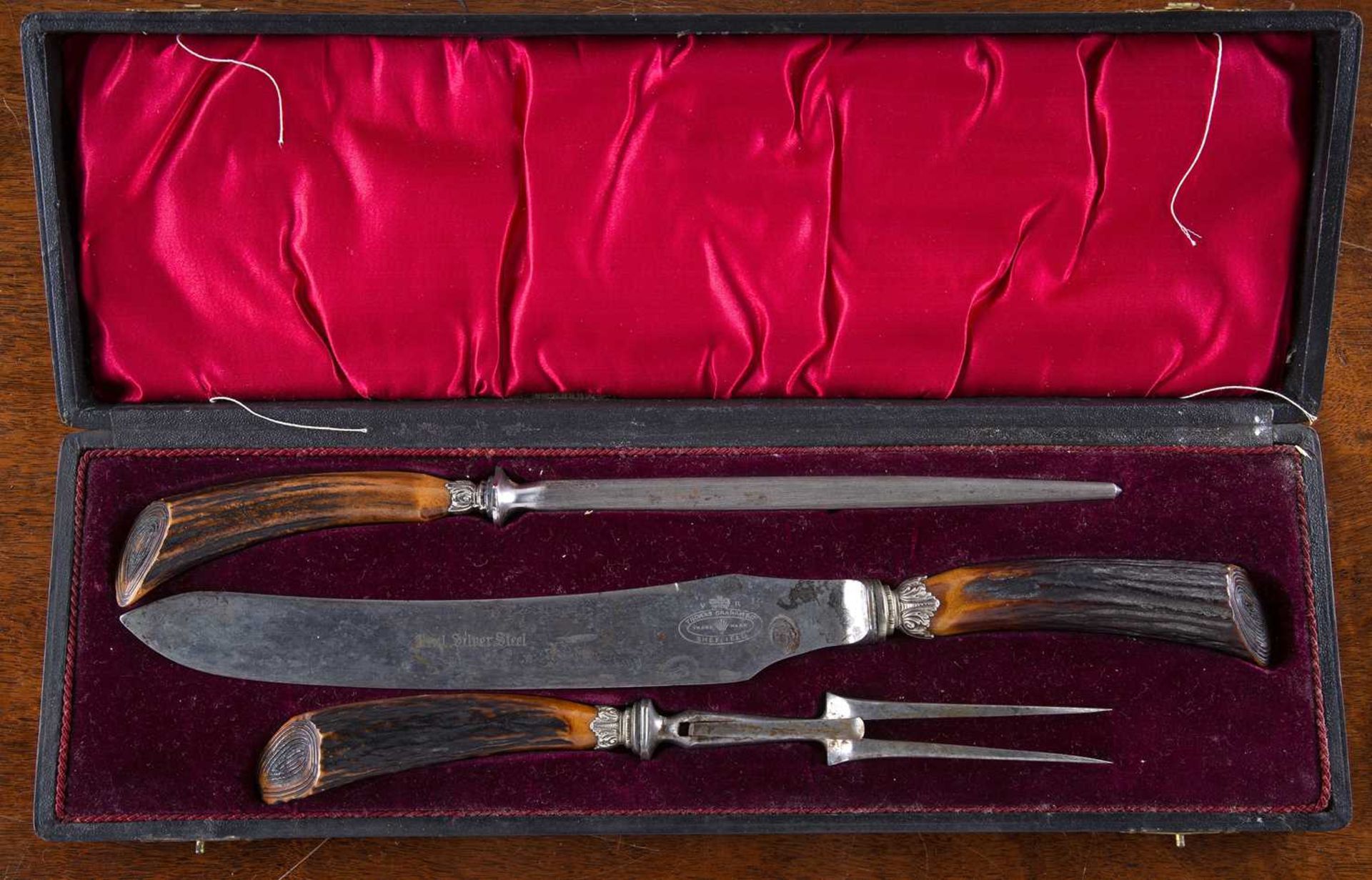 Stag antler carving set 19th Century, comprising of three pieces, with stag antler handles and steel