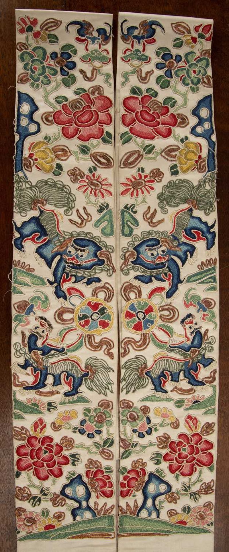 Pair of Kesi silk sleeve panels Chinese, late 19th Century/early 20th Century, depicting animals