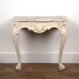 White painted and marble top console table with central fitted drawer on shaped supports, 74cm