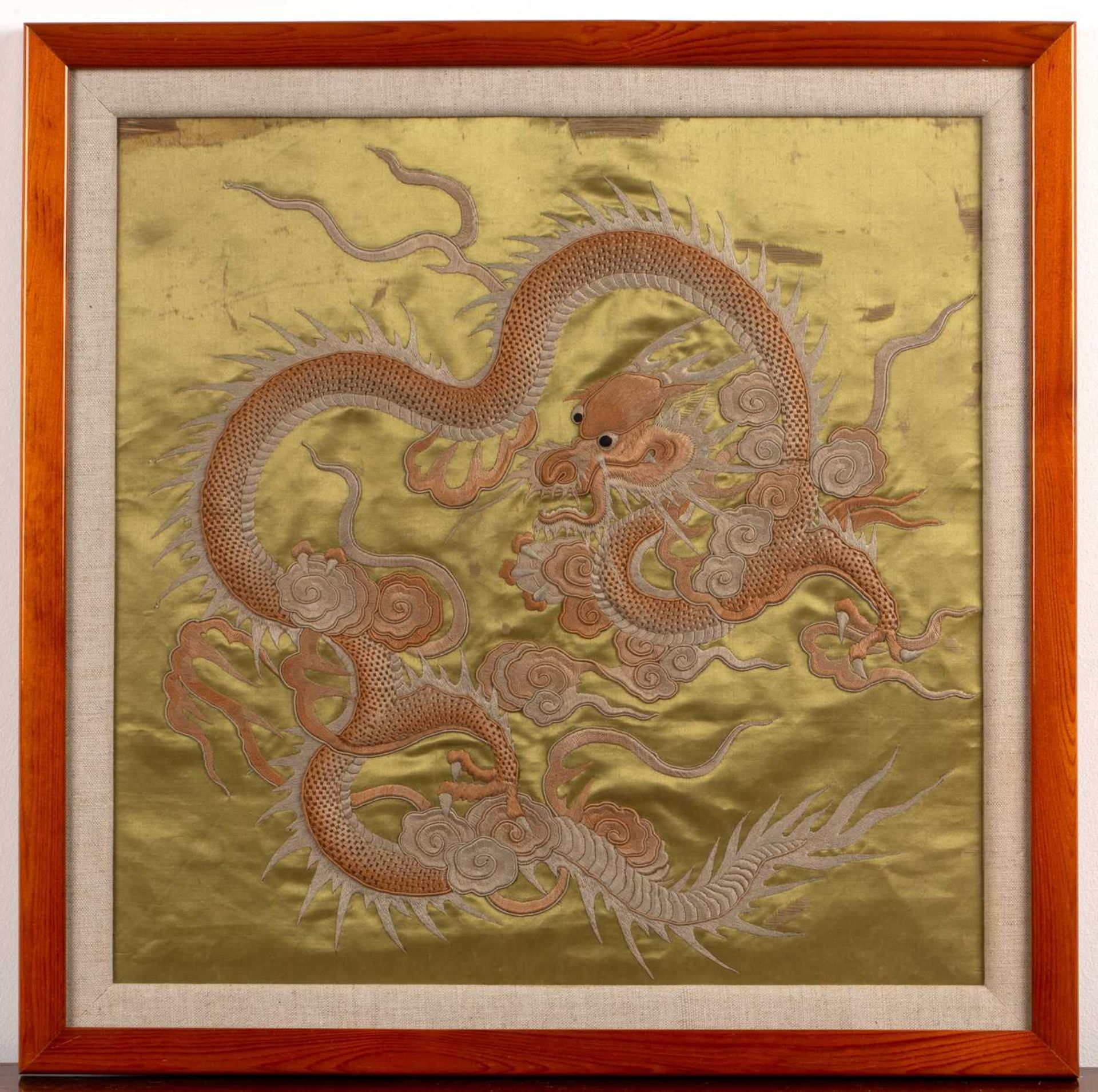 Silk and embroidered study of a dragon and flaming pearls Chinese, on a yellow ground, 40cm - Image 2 of 3