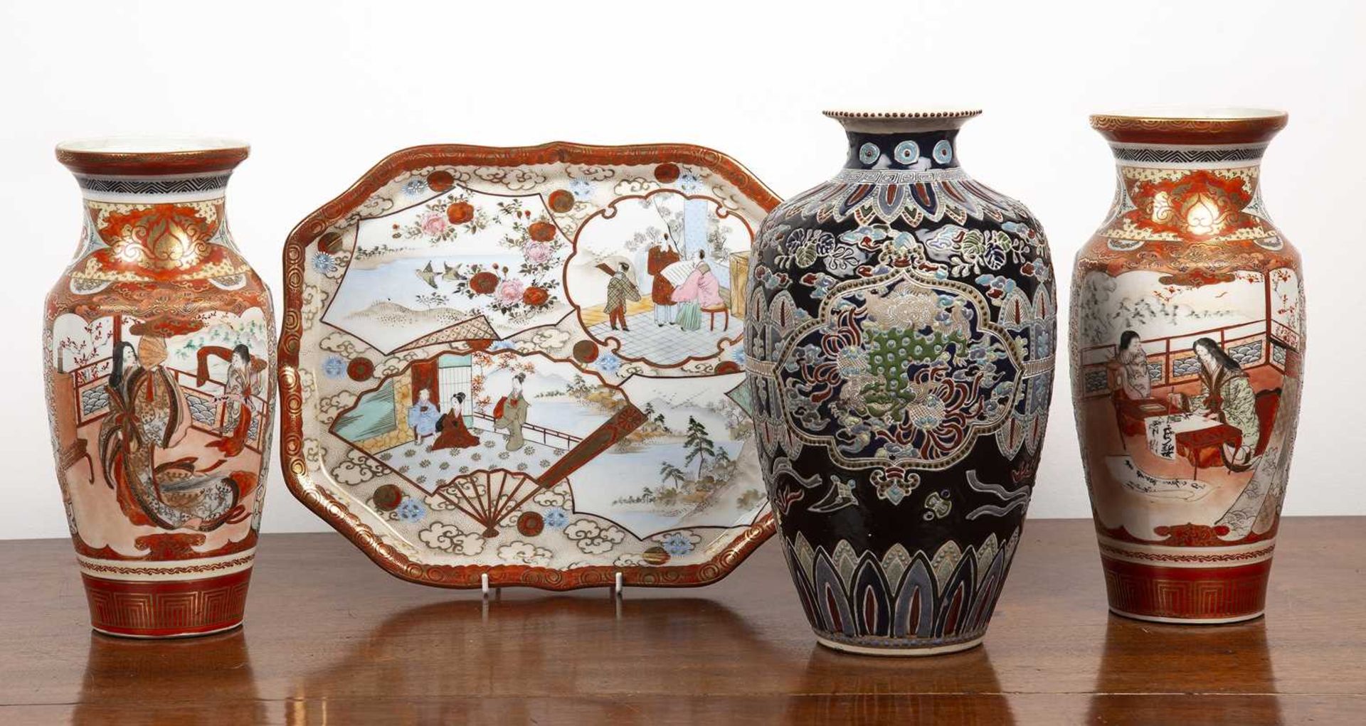 Group of Kutani porcelain Japanese, comprising of a pair of vases decorated with figures and