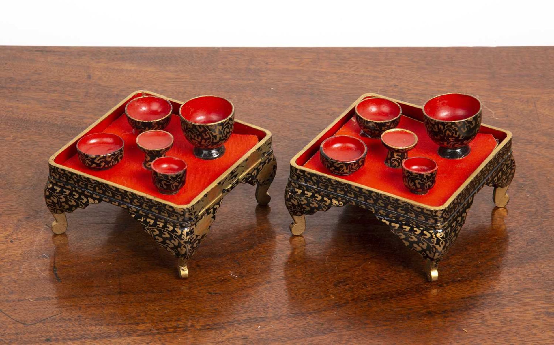 Two Japanese Hina dolls house painted tea sets on stands in original pine box, with painted and - Image 4 of 6