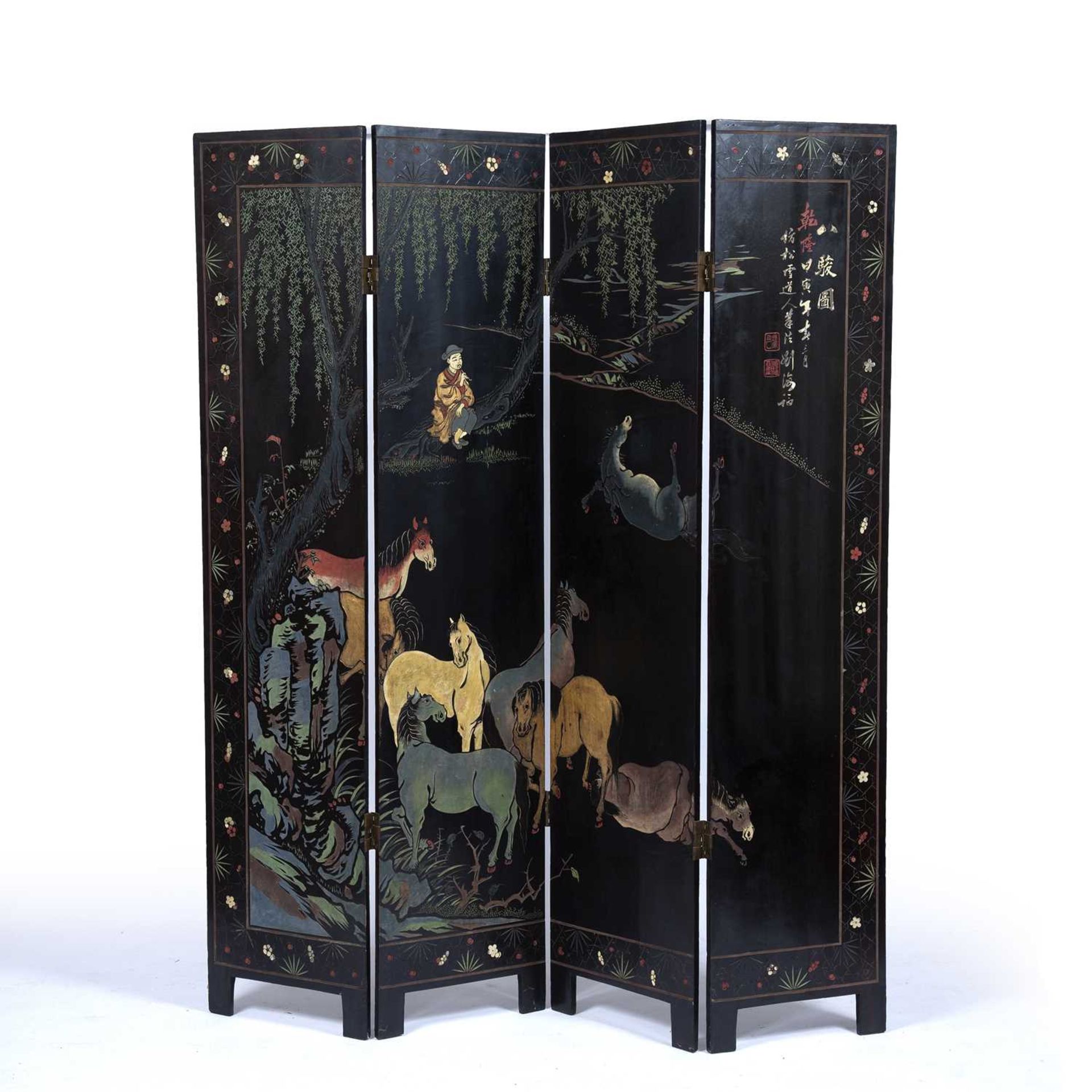 Coromandel lacquer four fold screen Chinese, the double sides decorated with figures, foliate and - Bild 2 aus 3