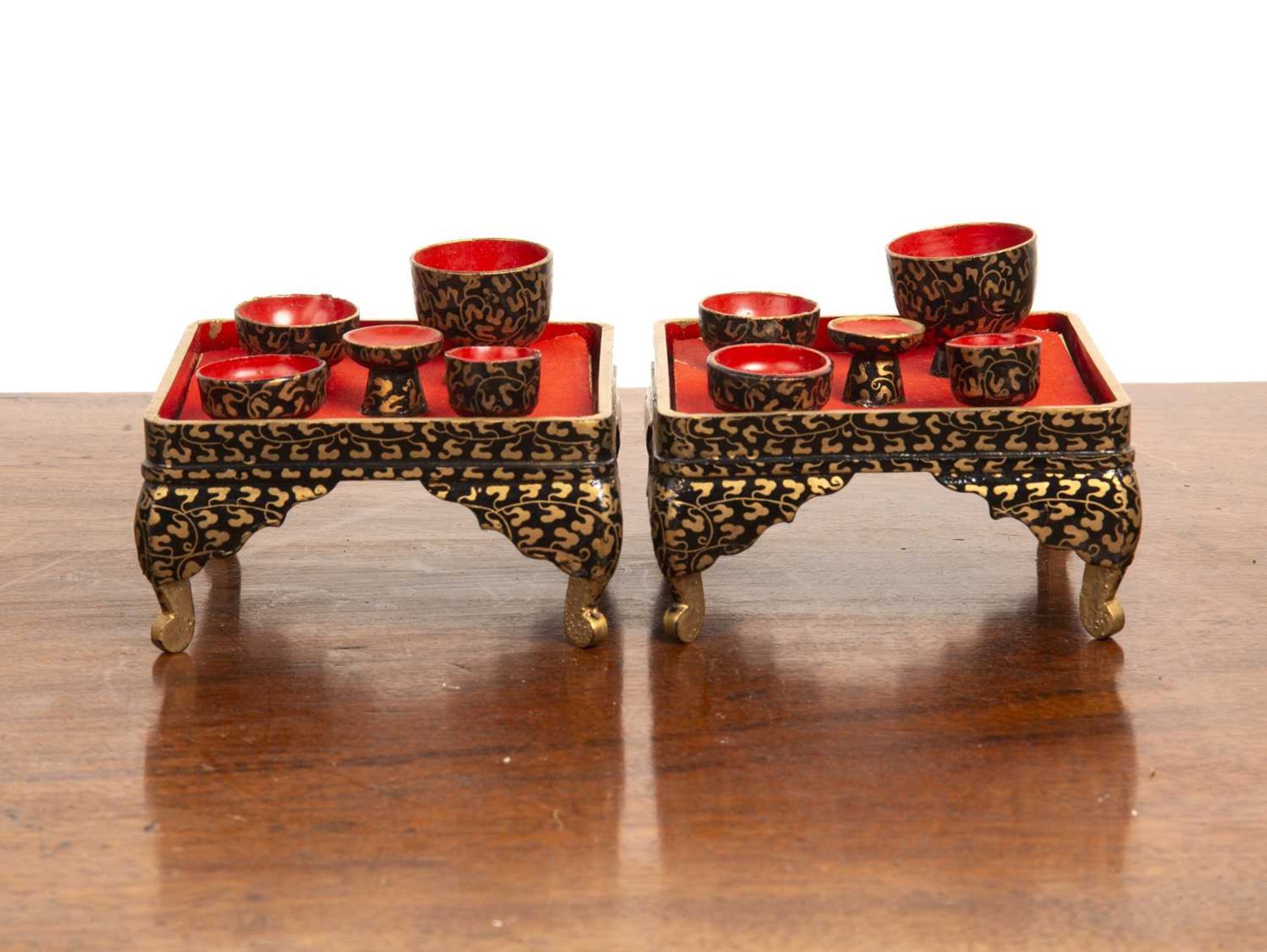 Two Japanese Hina dolls house painted tea sets on stands in original pine box, with painted and