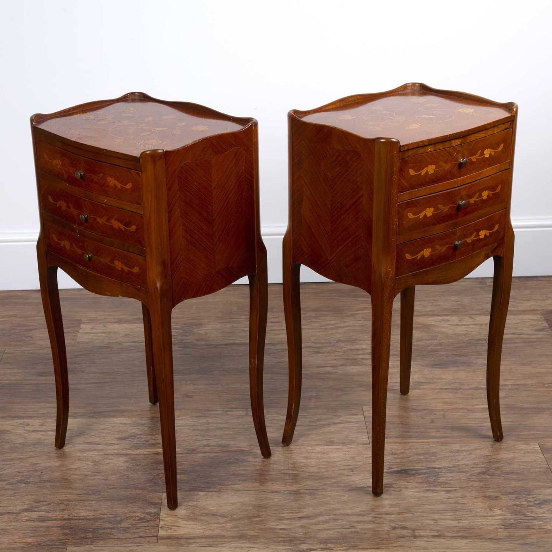 Pair of marquetry bedside table cabinets French style, each fitted with three drawers, 37cm wide x - Image 3 of 5