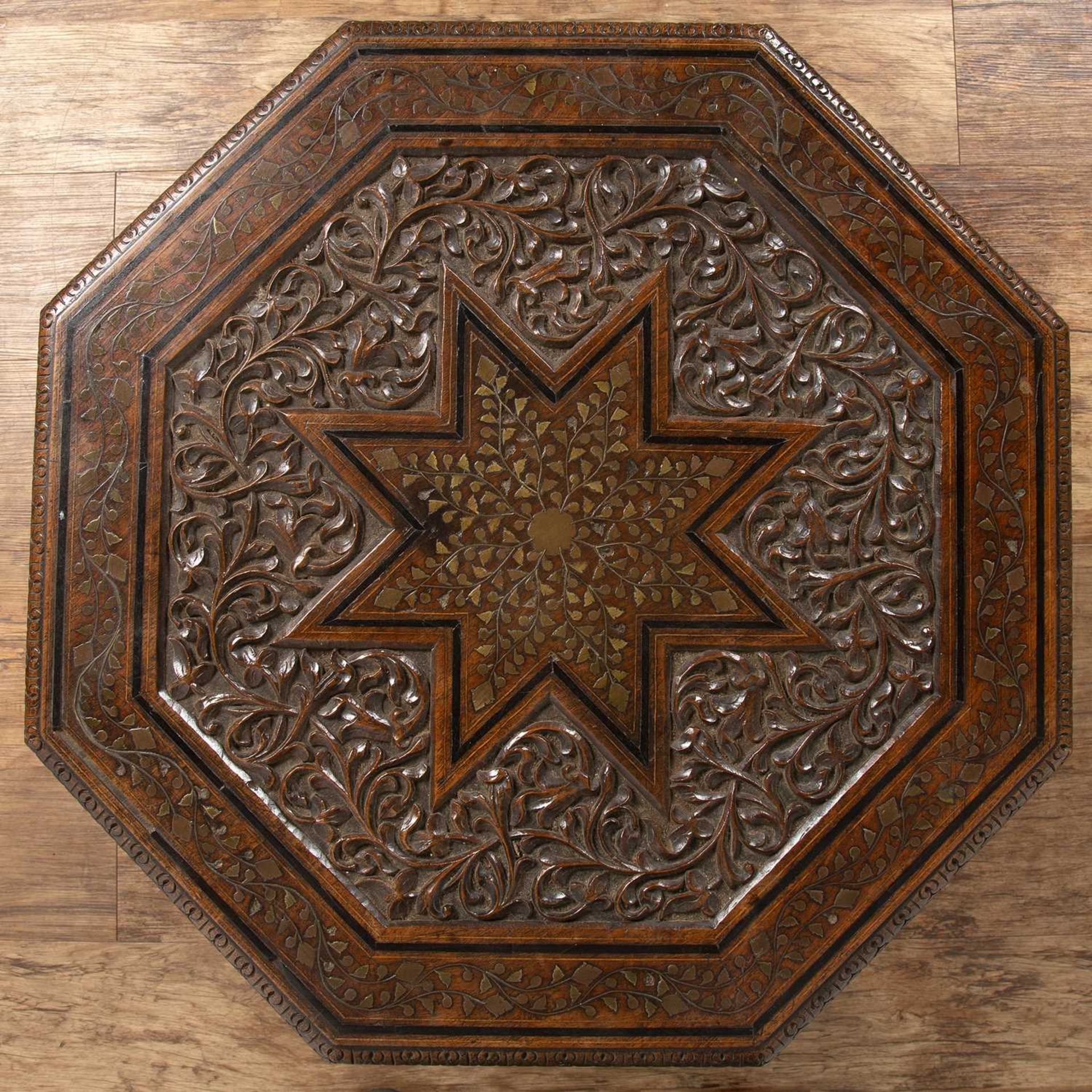 Octagonal occasional table Indian, circa 1900, with octagonal top with brass inlay of foliate - Image 3 of 3