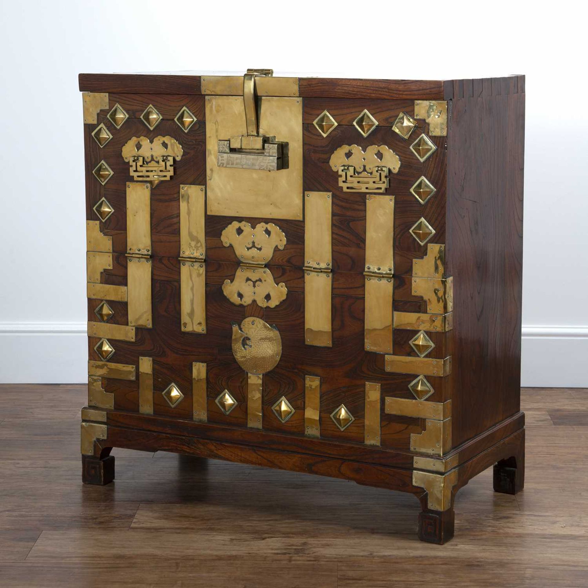 Elm and brass cabinet Korean, 19th Century, having a fall front, with raised brass mounts and - Image 3 of 6