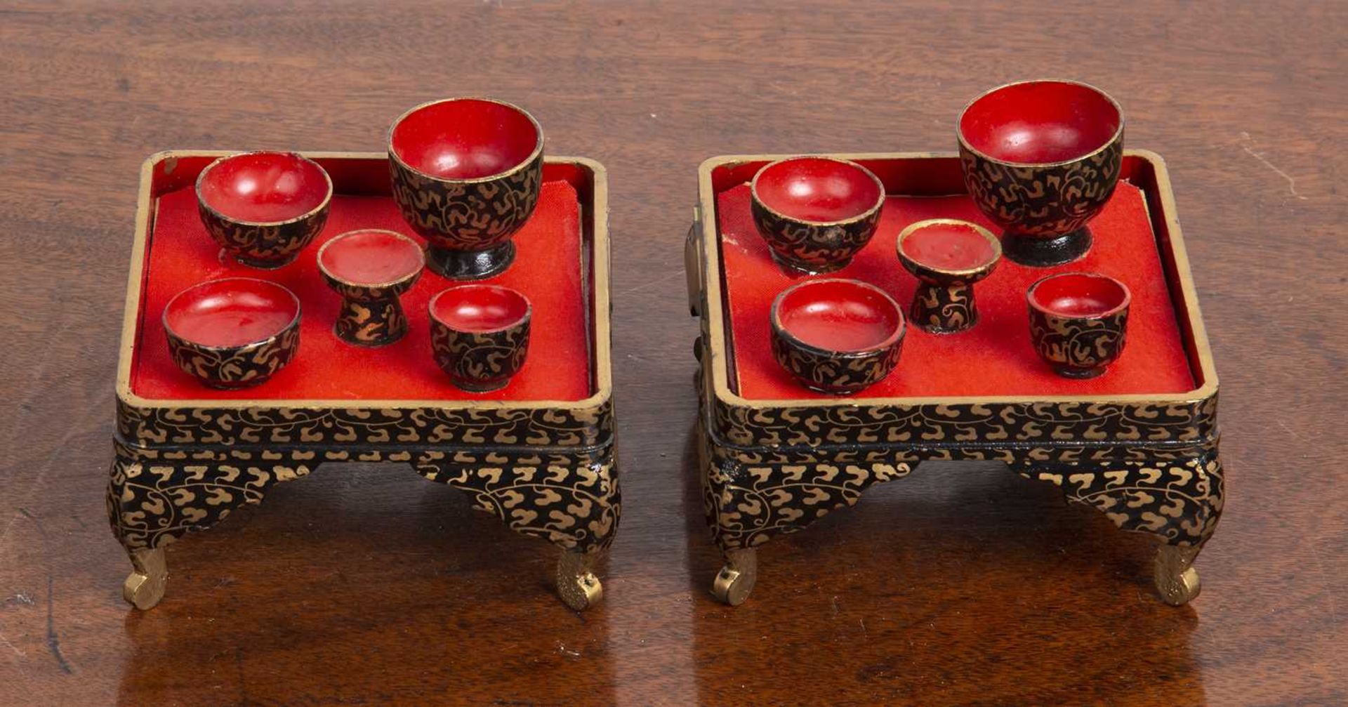 Two Japanese Hina dolls house painted tea sets on stands in original pine box, with painted and - Image 3 of 6