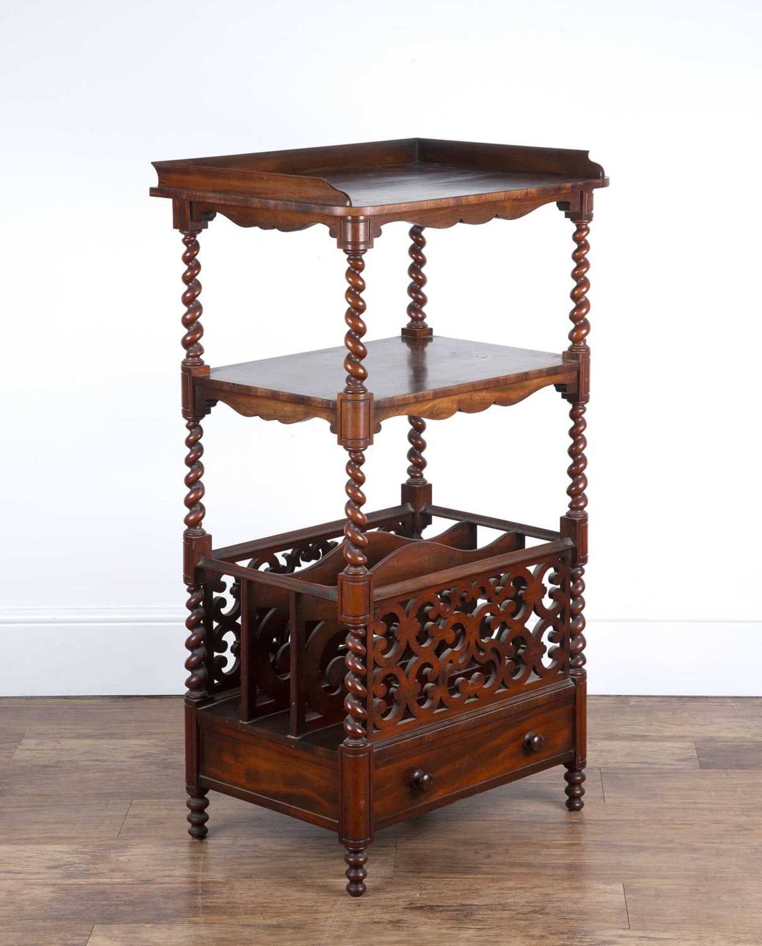 Mahogany etagere 19th Century, with spiral twist columns and fitted drawer to the base, 60cm wide