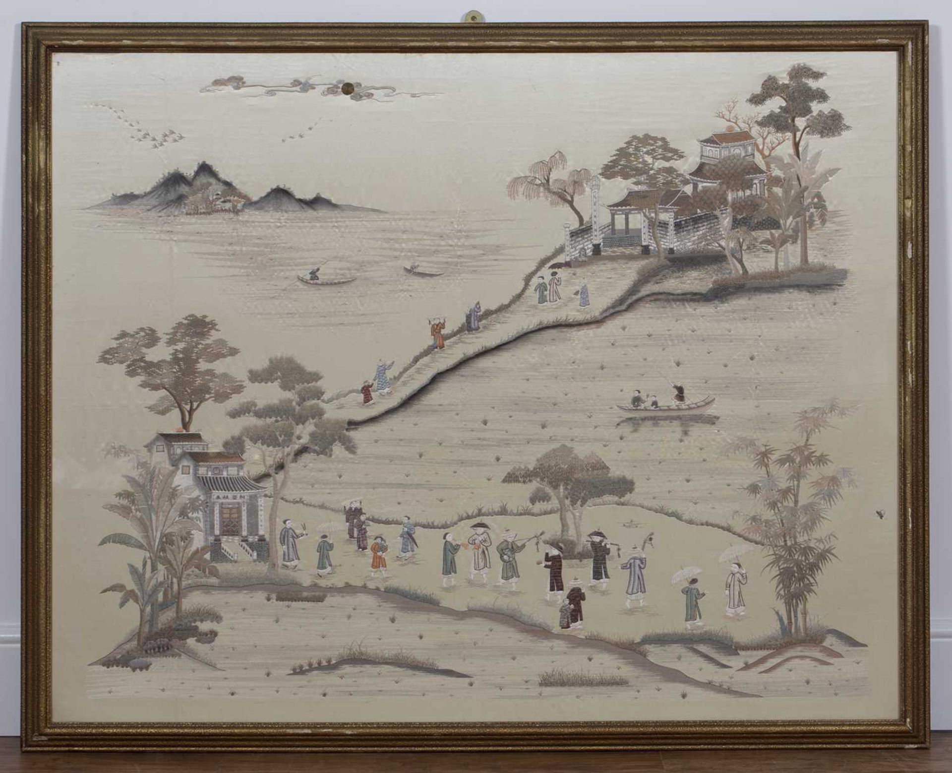 Large embroidered silk panel Chinese, early 20th Century, depicting an extensive lake landscape - Image 2 of 3