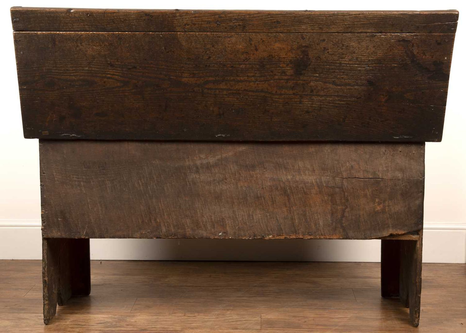Oak coffer late 17th Century, with a plain double panel front and with iron hinges, 132.5cm wide x - Image 5 of 5