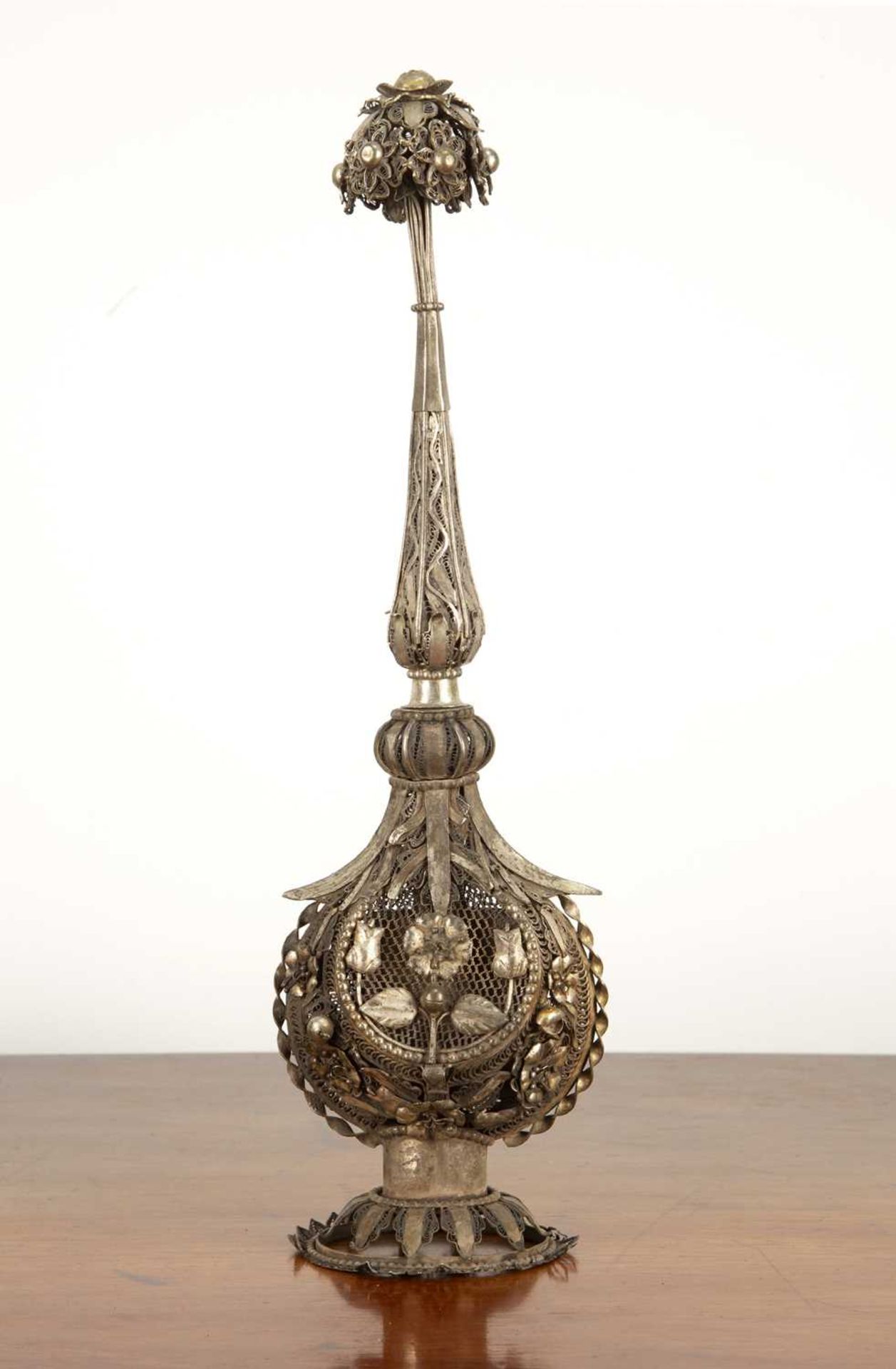 White metal rosewater sprinkler Indian, decorated in fine filigree work, with floral petals set over