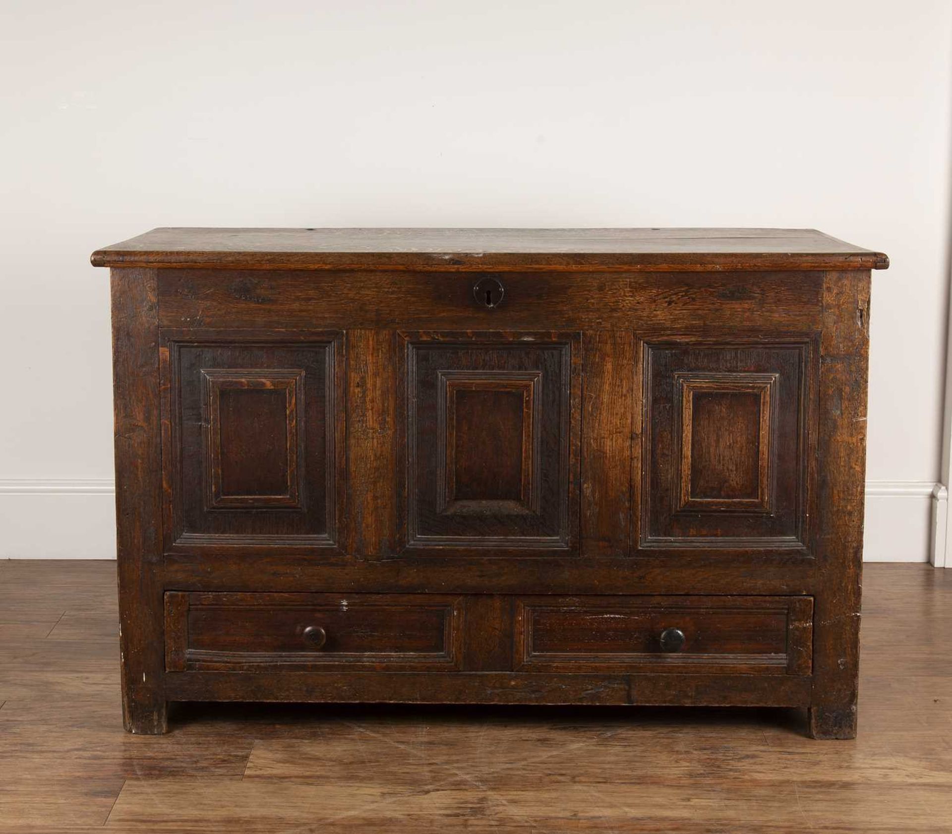 Oak mule chest with triple moulded front, and with two fitted drawers, 118cm wide x 59cm deep x 76cm