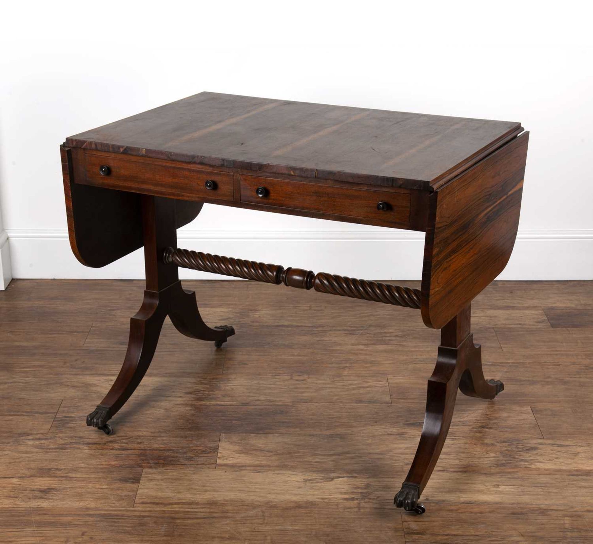 Rosewood veneered and mahogany sofa table in the Regency style, fitted two drawers with ring - Image 2 of 4