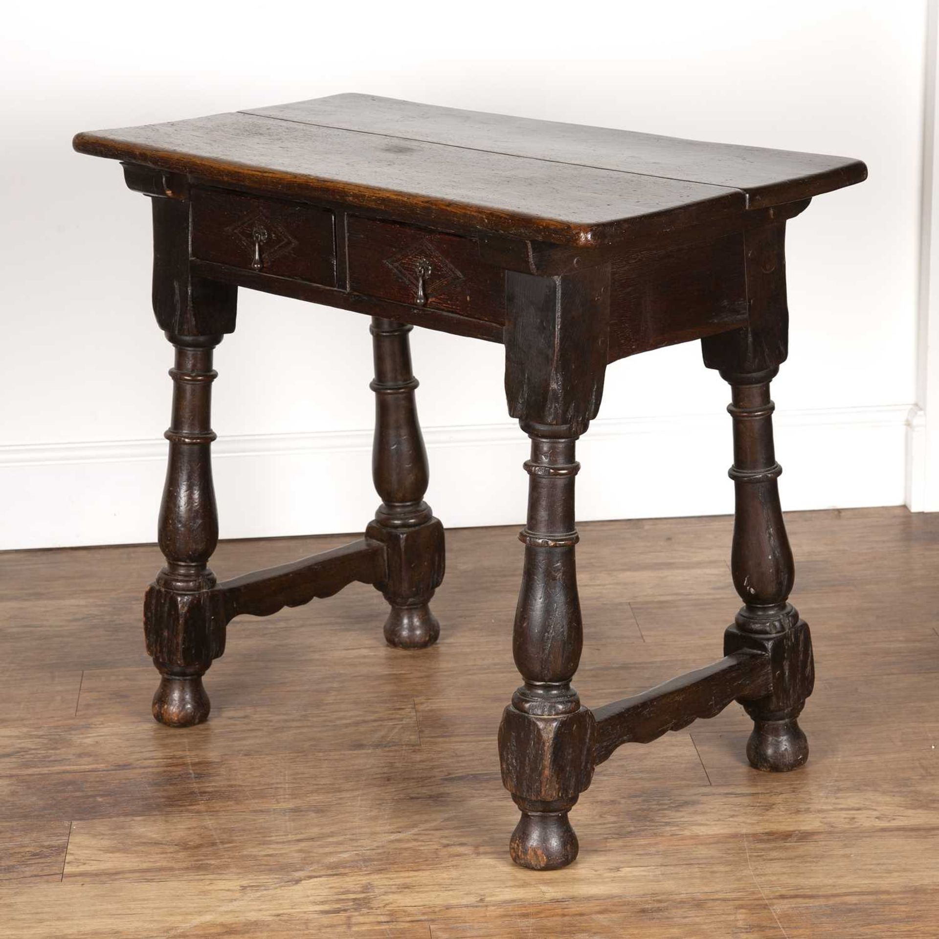 Oak side table 18th Century and later, fitted two carved drawers on turned supports and - Bild 3 aus 5