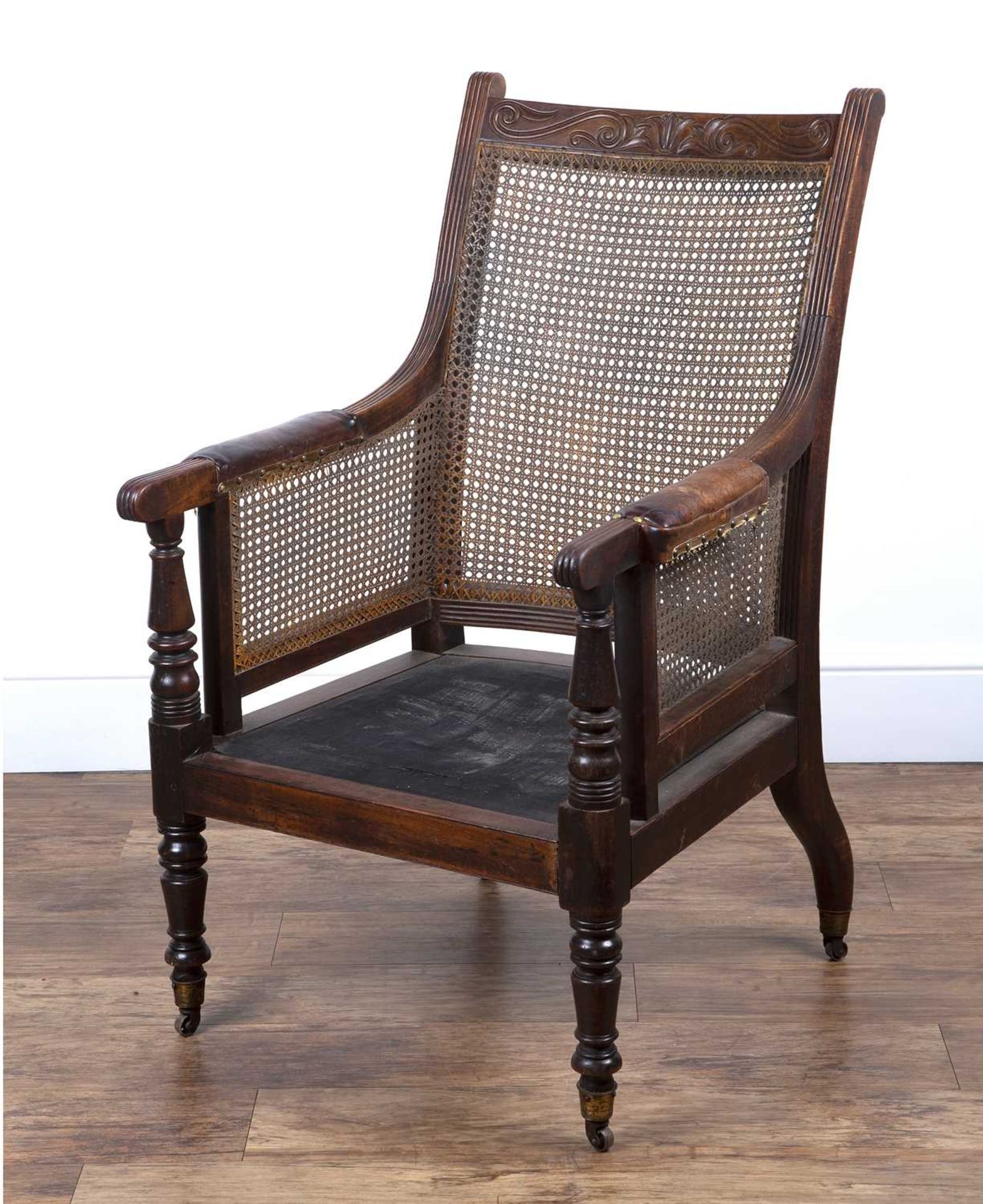 Mahogany Bergere library chair 19th Century, with leather and brass studded armrests with cane to - Image 3 of 4