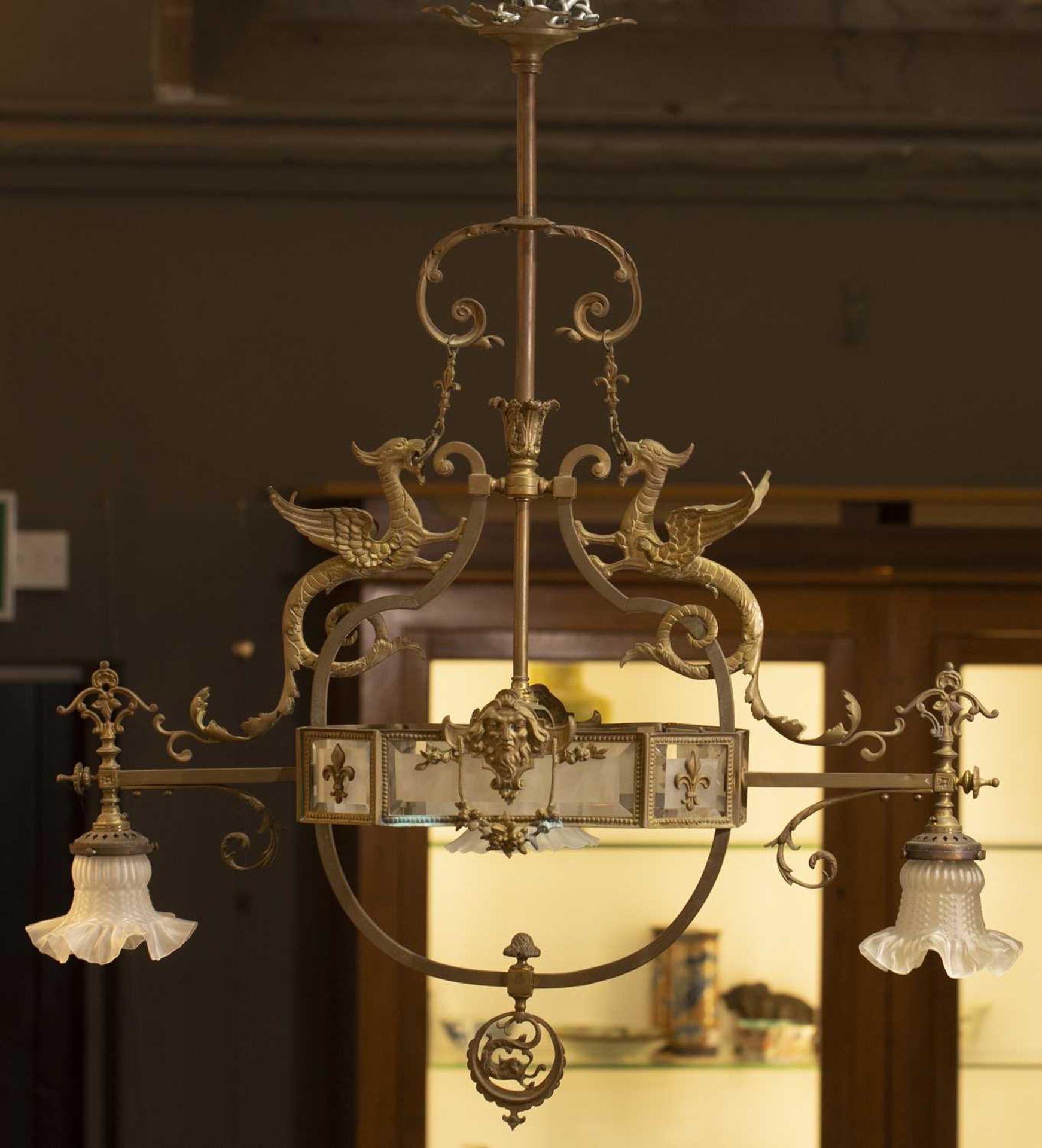 Pendant three branch ceiling light early 20th Century, bronzed brass and glass fittings, with