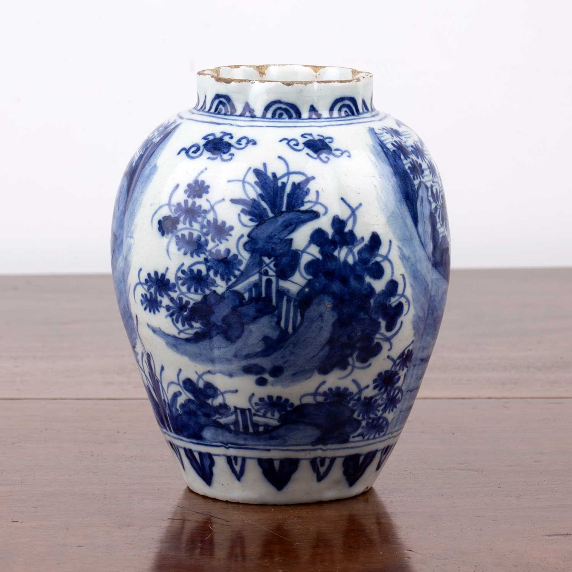 Delft blue and white pottery vase early 18th Century, painted with a Chinese garden scene, and - Image 2 of 2