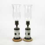 A pair of antique storm lanterns with marble bases and original glass shades, each 13cm wide at