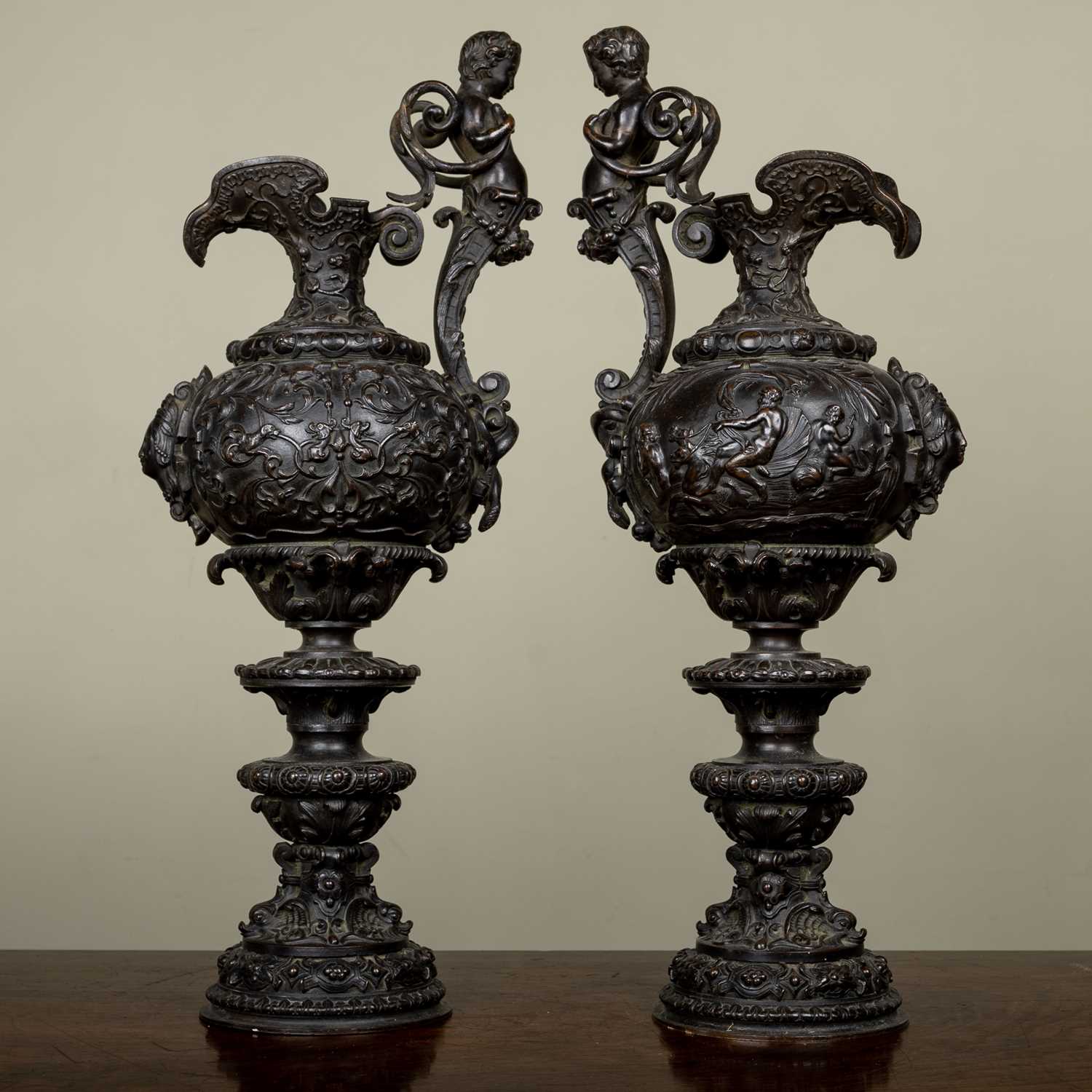 A pair of antique French Renaissance-style bronze ewers, decorated with classical scenes, 50.5cm - Image 2 of 2