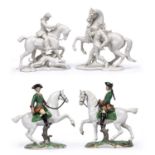 Four 20th century Nympenburg horse and rider figures to include one with hunting dogs. model numbers