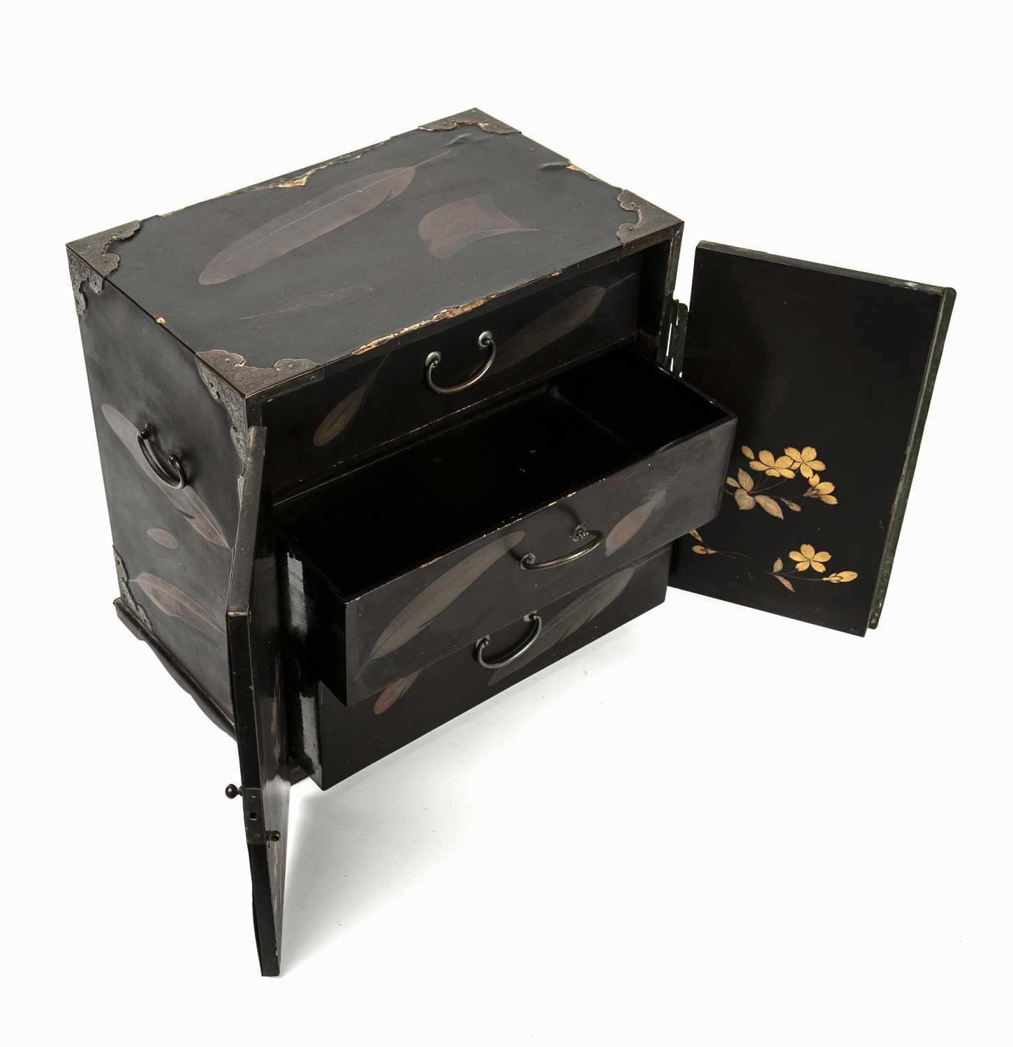 An antique Japanese lacquered table cabinet with gilded decoration, twin panelled doors opening to - Image 4 of 6