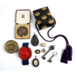 Bijourterie to include a wax seal, a yellow metal and mother of pearl box two antique keys a