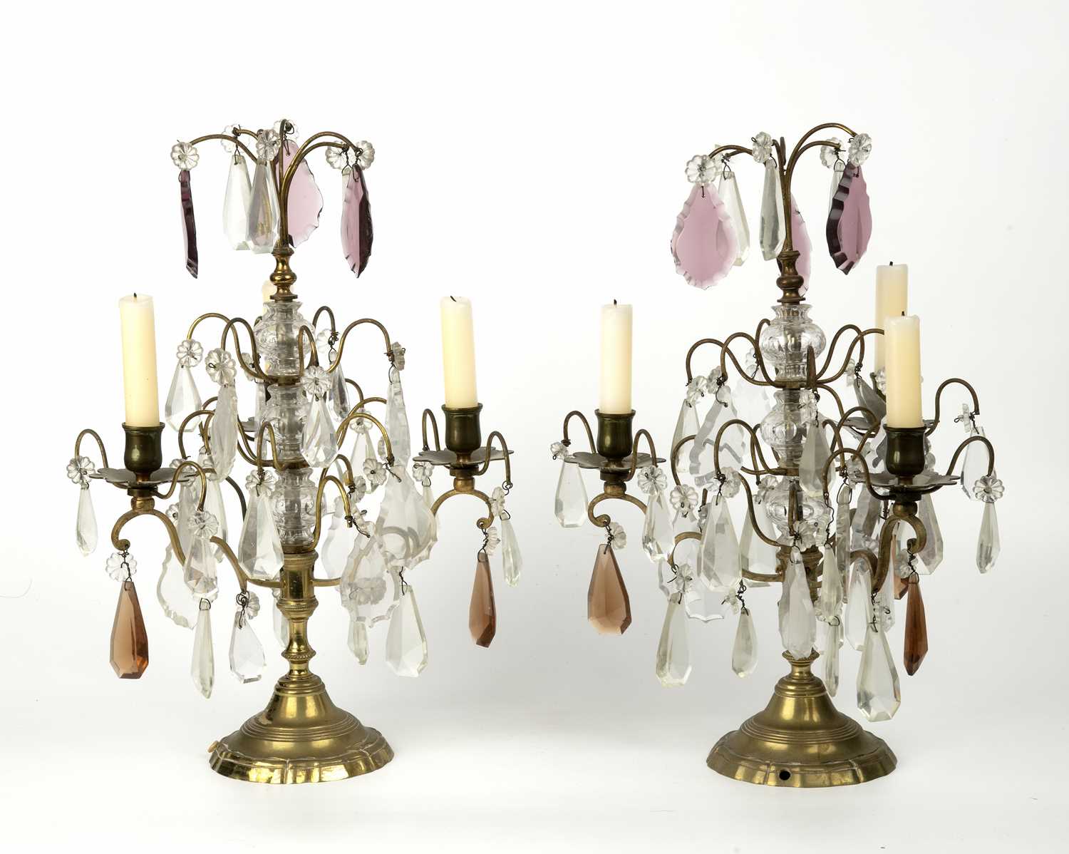 A pair of late 19th century French gilt metal three branch candelabra with cut glass drops, 29cm - Image 2 of 3