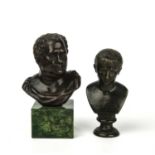 A bronze head and shoulder bust depicting a Roman Senator on a green marble base, 9cm wide x 15cm