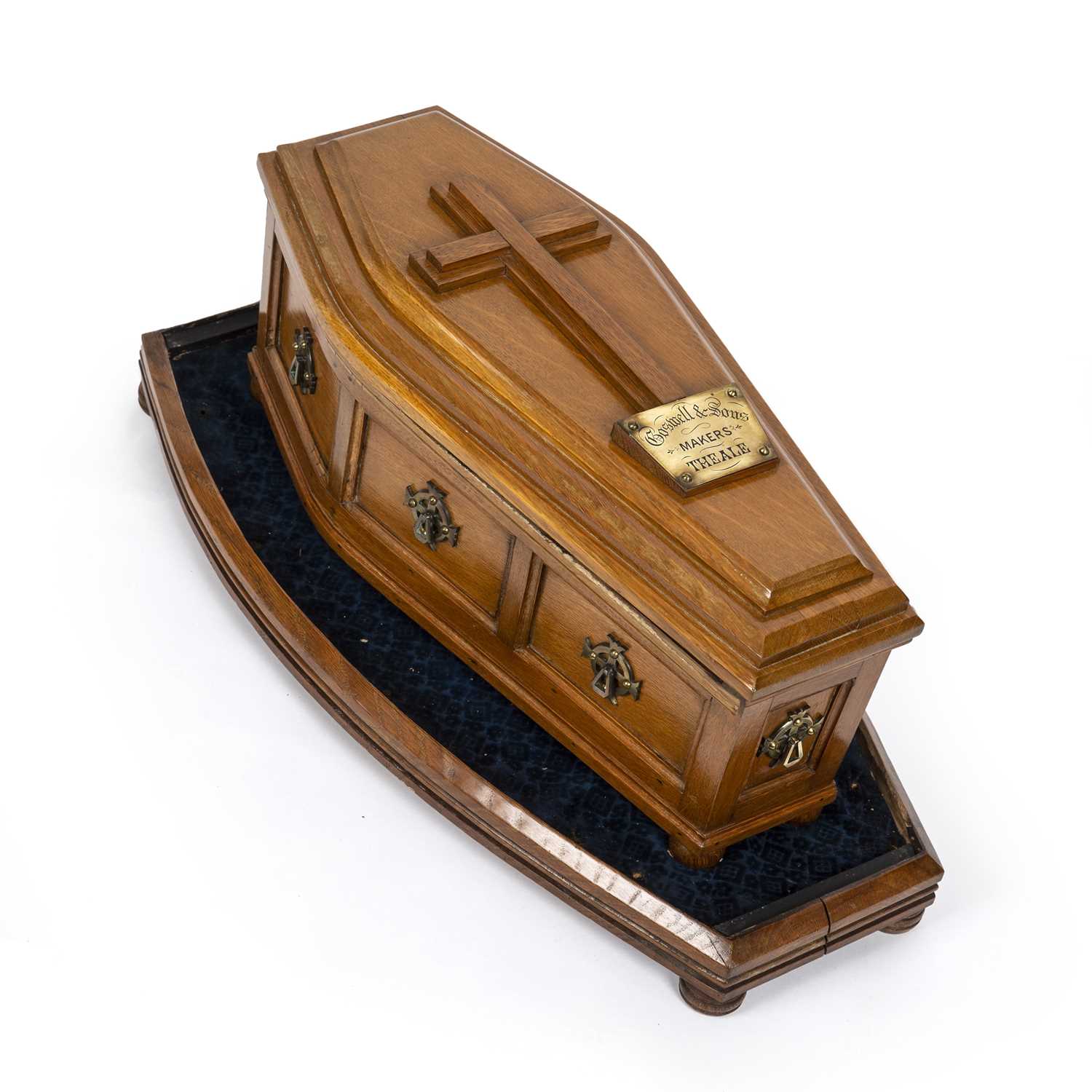 A Victorian oak model display coffin for Boswell and Sons, makers Theale, with a fitted glazed case, - Image 3 of 5