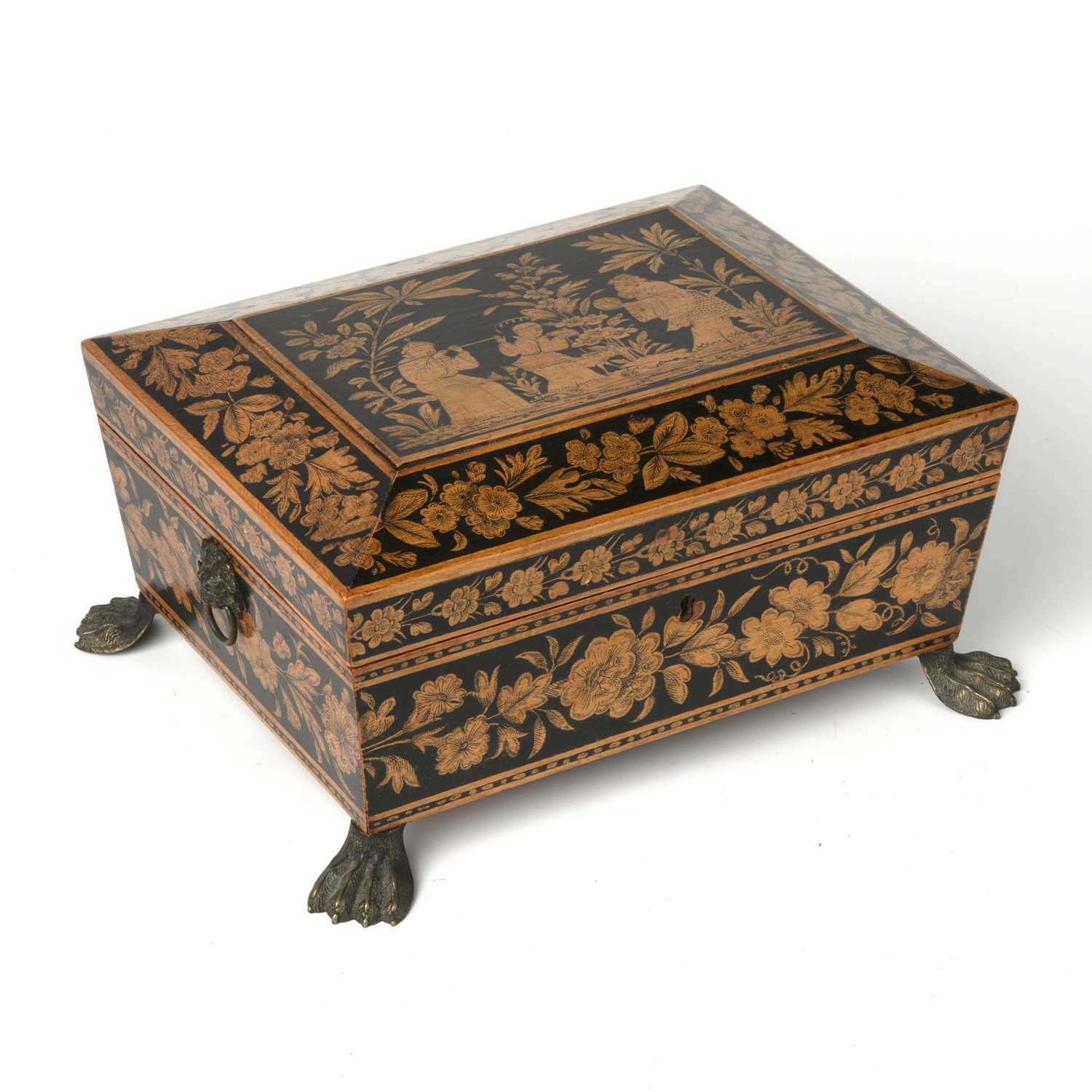 A Regency satinwood penwork sewing box intialled E F. 1816 or 1826. with chinoiserie and floral - Image 2 of 6