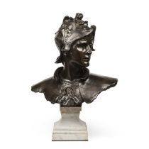 A large head and shoulder bronze bust of Mercury after Hannaux and mounted on a white marble base.