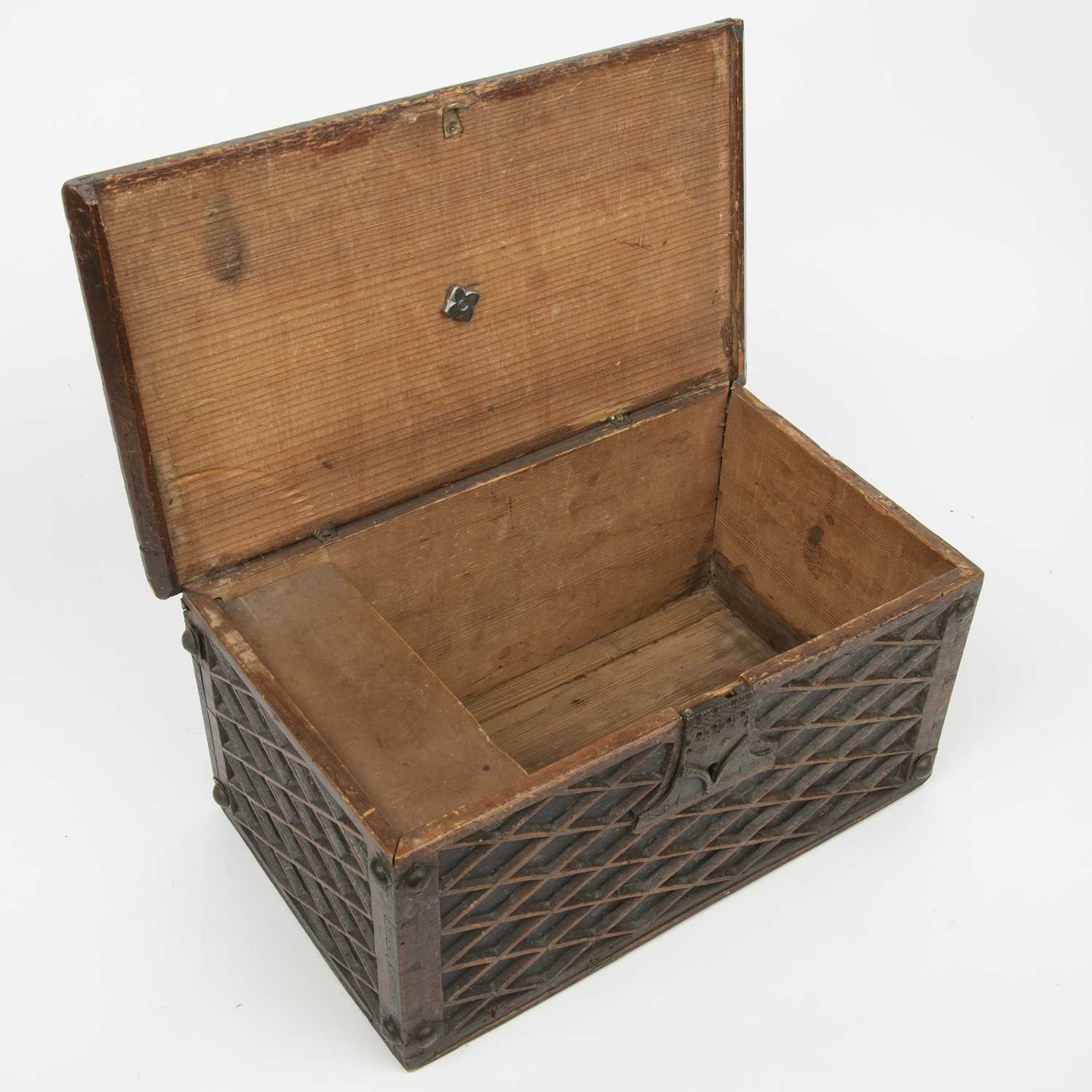 A late 18th / early 19th century German pine tinder box with brass mounts and lattice decoration, - Image 4 of 6