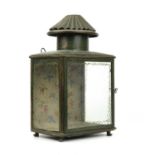 A 19th century toleware lantern with original painted glass, 32cm wide x 23cm deep x 52cm