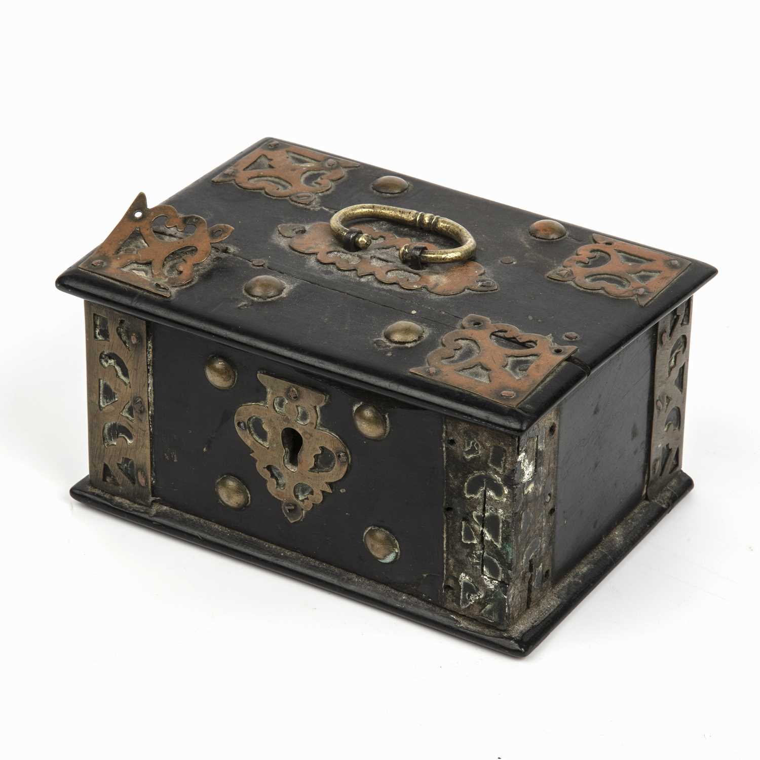A late 17th century Portugese brass bound ebony box, 14cm wide x 10cm deep x 7.5cm highMissing a - Image 2 of 6