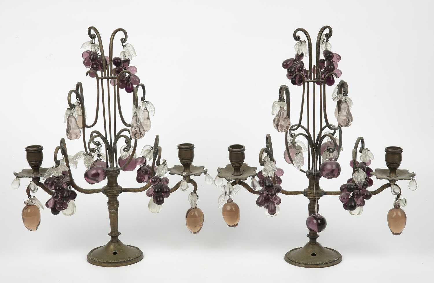 A pair of late 19th century continental gilt metal twin branch candelabra each with glass fruit - Image 2 of 2