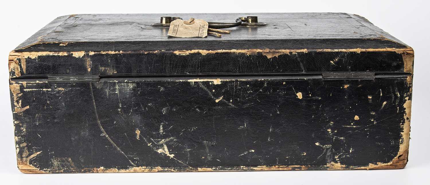 A mid 19th century black leather bound dispatch box with a brass swan neck carrying handle and a - Image 4 of 5