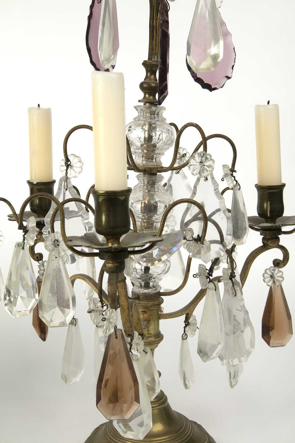 A pair of late 19th century French gilt metal three branch candelabra with cut glass drops, 29cm - Image 3 of 3