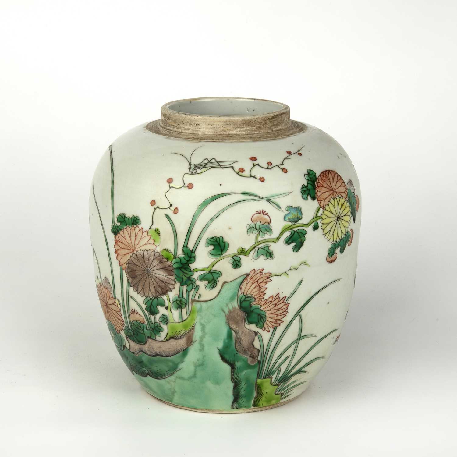 A 19th Century Chinese famille verte ginger jar 19cm diameter x 22cm highCover missing no cracks