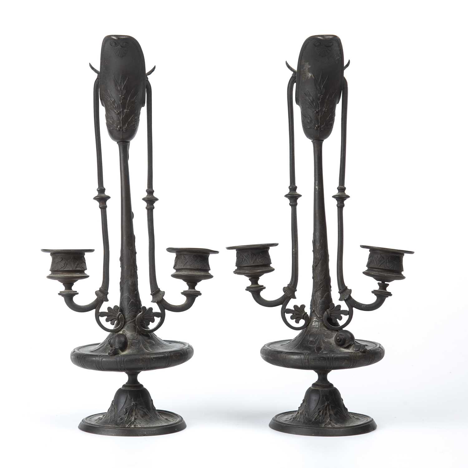 A pair of 19th century French bronze twin branch candlesticks of ewer form, each 33cm in heightAt - Image 2 of 2