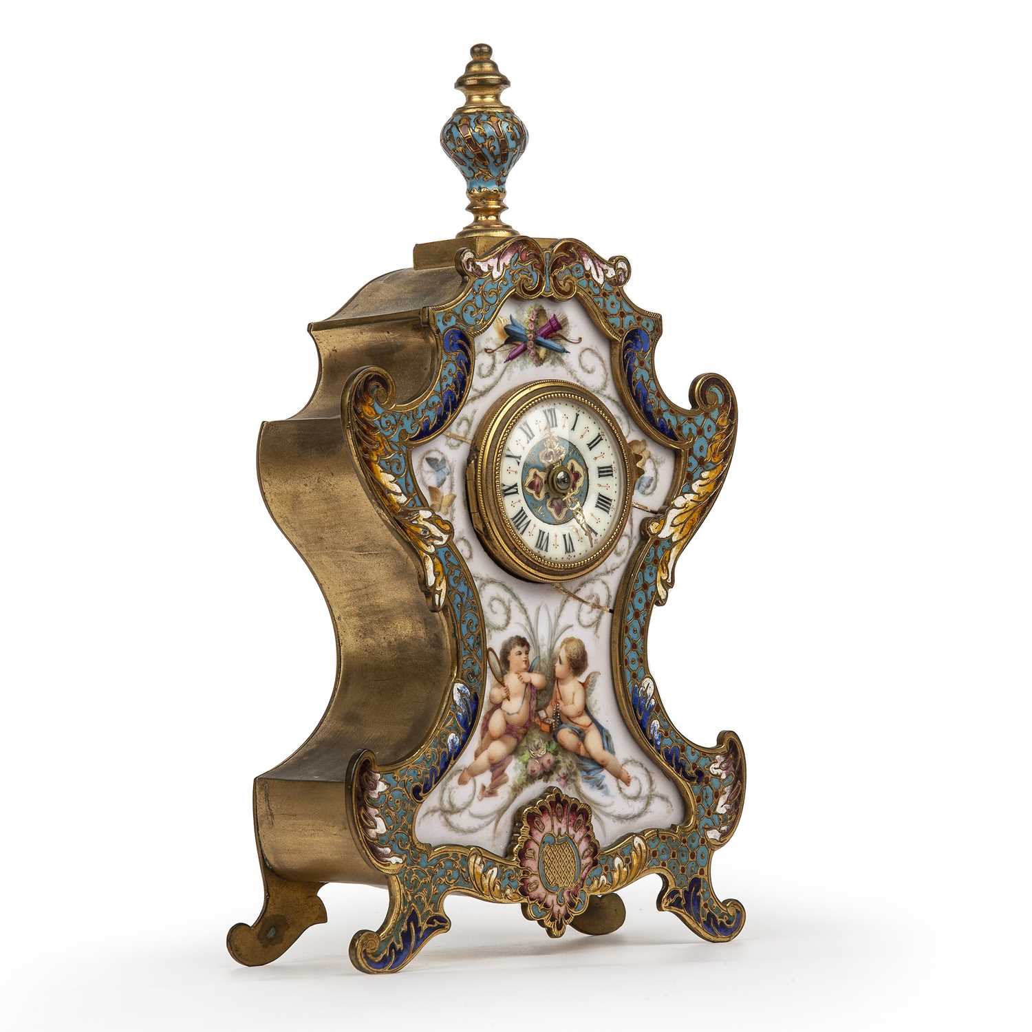 A late 19th century French gilt metal mantle clock with enamelled decoration and inset painted - Image 2 of 3