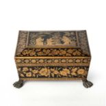 A Regency satinwood penwork sewing box intialled E F. 1816 or 1826. with chinoiserie and floral