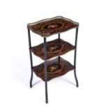 A 19th century French marquetry etagere with a pierced gilt metal gallery, three tiers of satinwood,