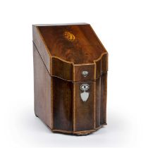A George III mahogany and satinwood crossbanded knife box with original fitted interior and white